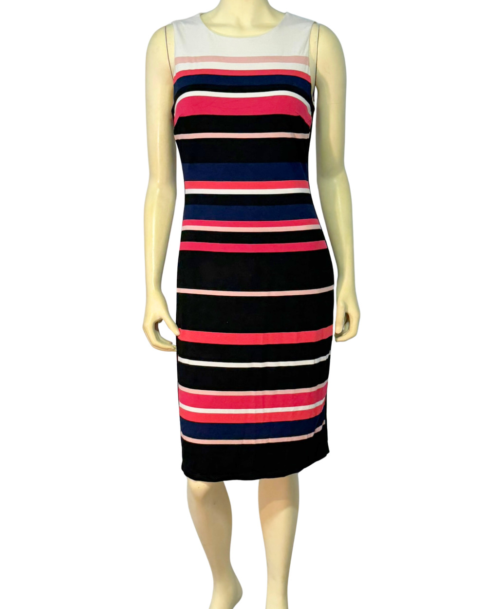 WHBM Sz 6 Slimming Illusion Midi Sheath Dress Pink Stripes Knit Lined Career